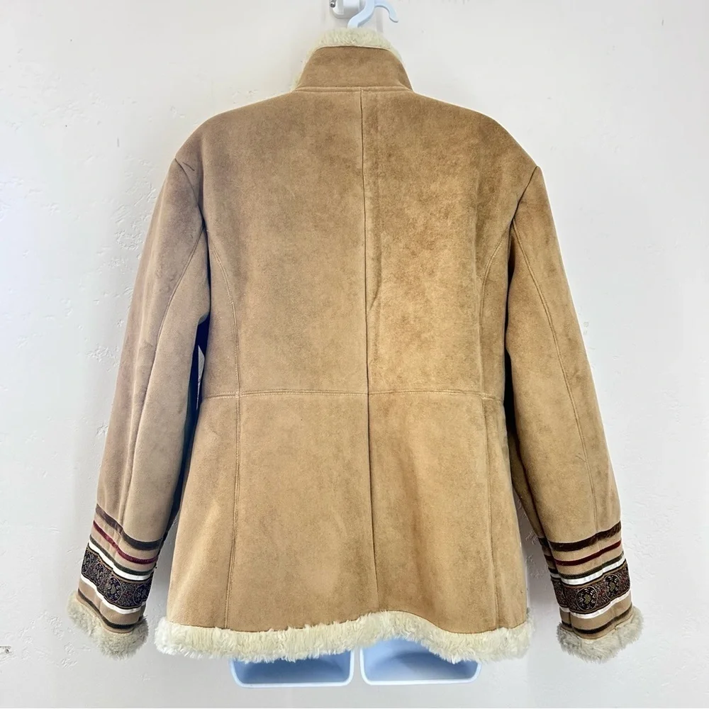 Vintage 90s Y2K Faux Suede Sherpa Lined Jacket Sz M Tan Coat Boho Phoebe Buffay